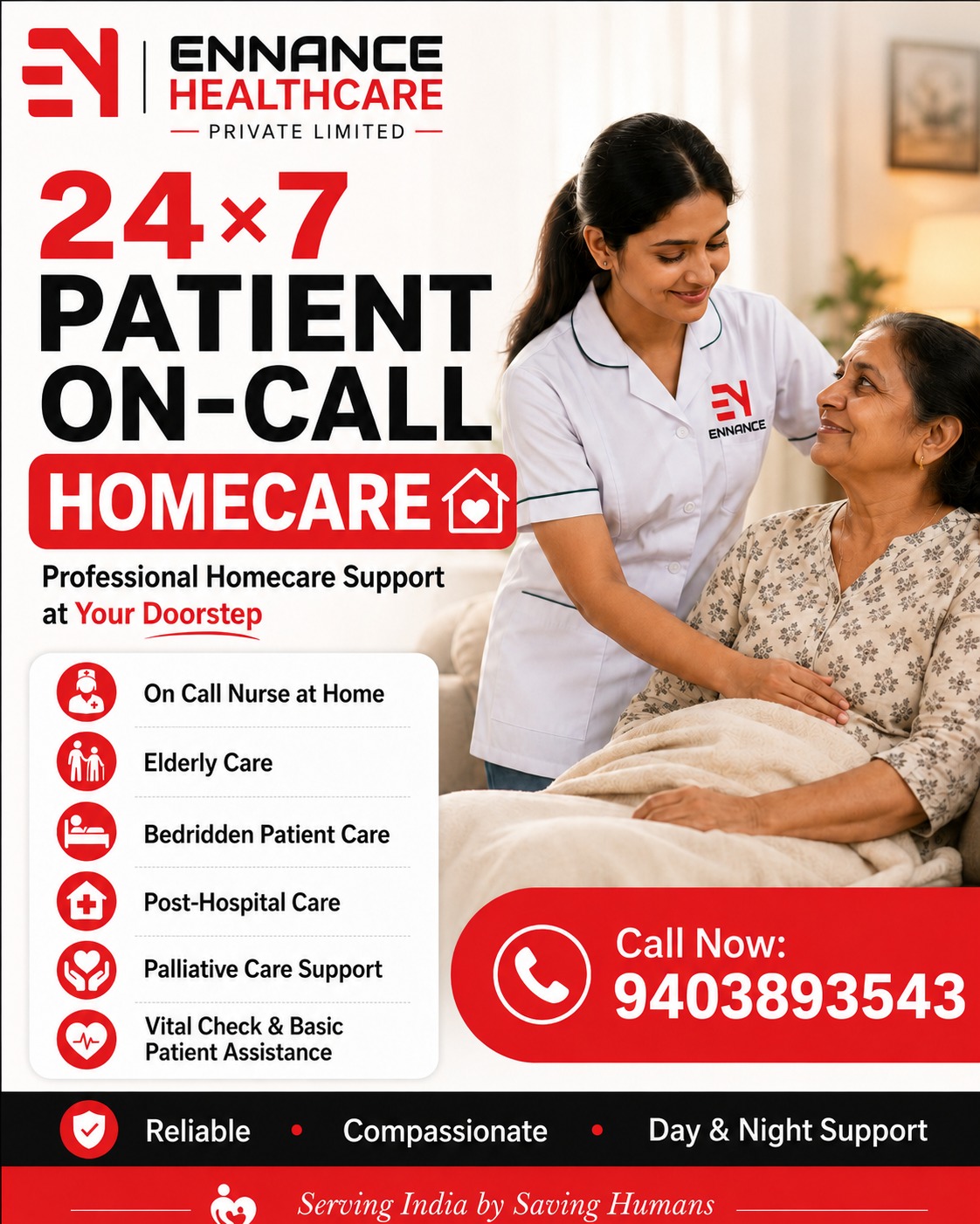 24×7 Day & Night Patient Home Care Service in Kayamkulam, Muthukulam, Mavelikara & Kattanam | Trusted Homecare by Ennance Healthcare Private Limited | Call 9403893543